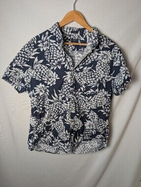 J. Crew Navy and White Pineapple-Print Short Sleeve Button-Down Shirt Sz XL Slim